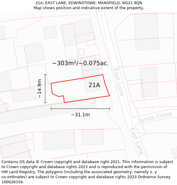 21A, EAST LANE, EDWINSTOWE, MANSFIELD, NG21 9QN: Plot and title map