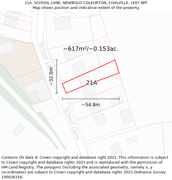 21A, SCHOOL LANE, NEWBOLD COLEORTON, COALVILLE, LE67 8PF: Plot and title map