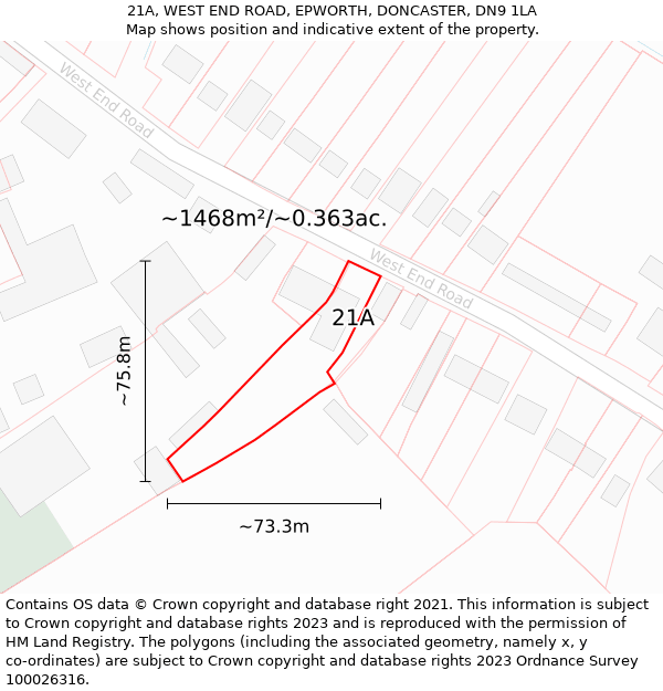 21A, WEST END ROAD, EPWORTH, DONCASTER, DN9 1LA: Plot and title map