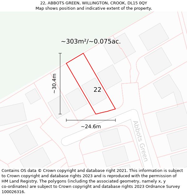 22, ABBOTS GREEN, WILLINGTON, CROOK, DL15 0QY: Plot and title map