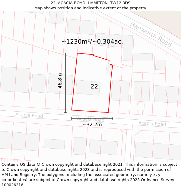 22, ACACIA ROAD, HAMPTON, TW12 3DS: Plot and title map