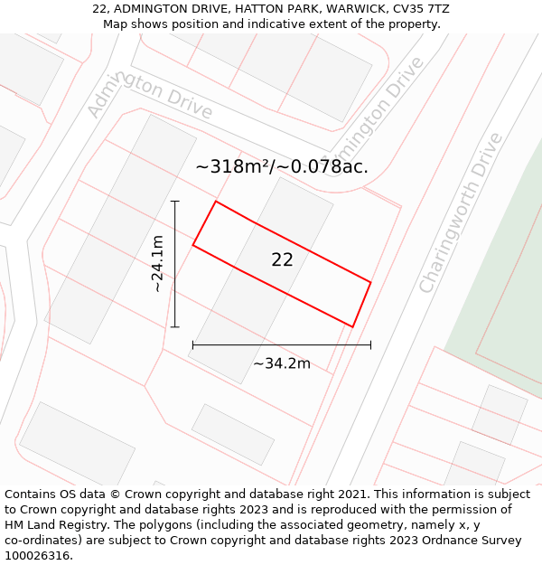 22, ADMINGTON DRIVE, HATTON PARK, WARWICK, CV35 7TZ: Plot and title map