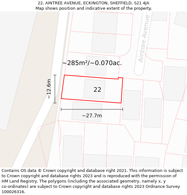 22, AINTREE AVENUE, ECKINGTON, SHEFFIELD, S21 4JA: Plot and title map