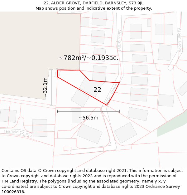 22, ALDER GROVE, DARFIELD, BARNSLEY, S73 9JL: Plot and title map