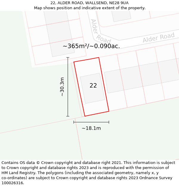 22, ALDER ROAD, WALLSEND, NE28 9UA: Plot and title map
