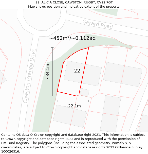 22, ALICIA CLOSE, CAWSTON, RUGBY, CV22 7GT: Plot and title map