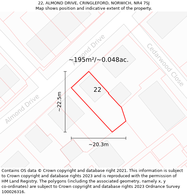 22, ALMOND DRIVE, CRINGLEFORD, NORWICH, NR4 7SJ: Plot and title map