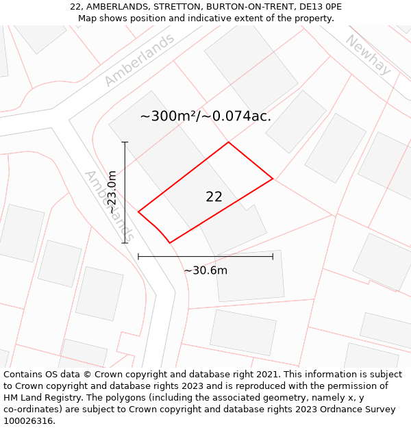 22, AMBERLANDS, STRETTON, BURTON-ON-TRENT, DE13 0PE: Plot and title map