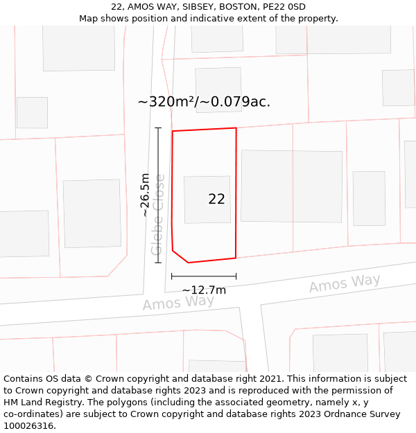 22, AMOS WAY, SIBSEY, BOSTON, PE22 0SD: Plot and title map