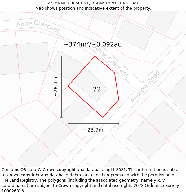 22, ANNE CRESCENT, BARNSTAPLE, EX31 3AF: Plot and title map