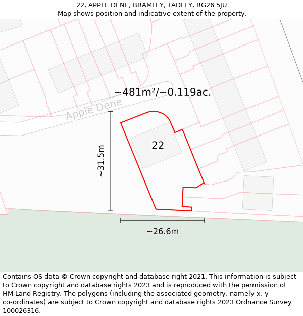 22, APPLE DENE, BRAMLEY, TADLEY, RG26 5JU: Plot and title map