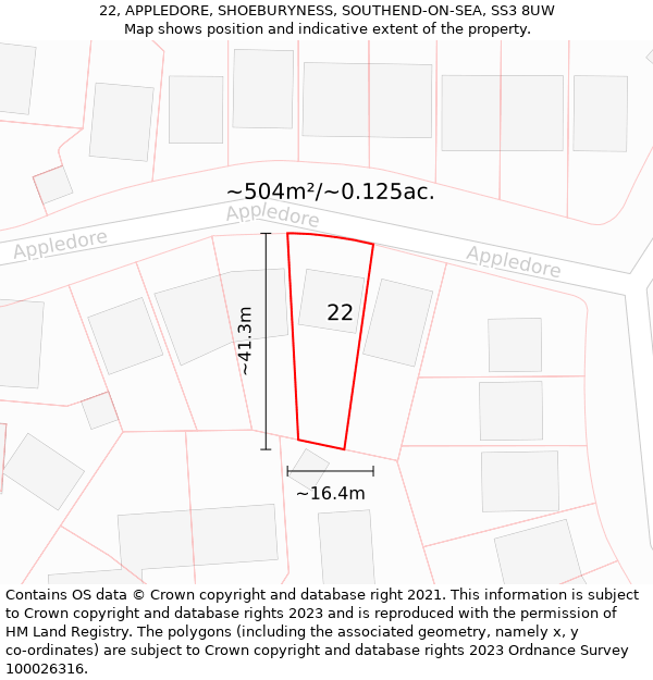 22, APPLEDORE, SHOEBURYNESS, SOUTHEND-ON-SEA, SS3 8UW: Plot and title map