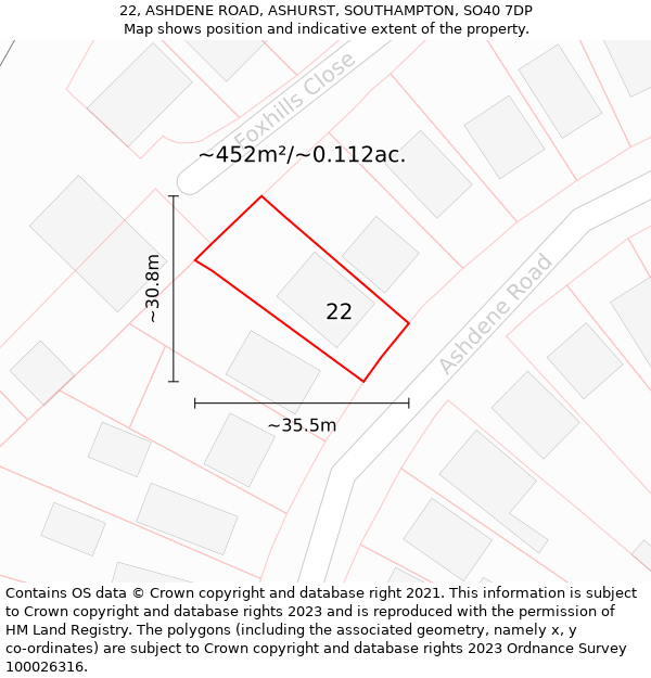 22, ASHDENE ROAD, ASHURST, SOUTHAMPTON, SO40 7DP: Plot and title map