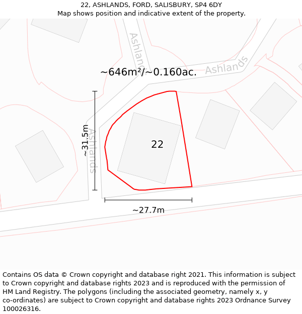22, ASHLANDS, FORD, SALISBURY, SP4 6DY: Plot and title map
