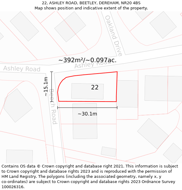 22, ASHLEY ROAD, BEETLEY, DEREHAM, NR20 4BS: Plot and title map