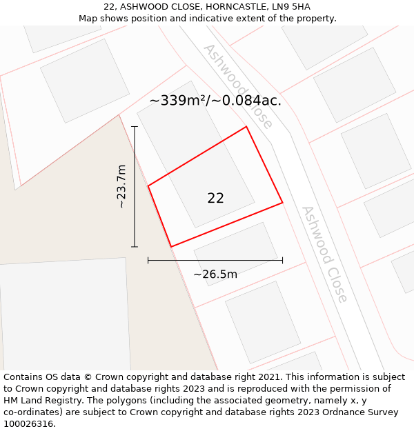 22, ASHWOOD CLOSE, HORNCASTLE, LN9 5HA: Plot and title map