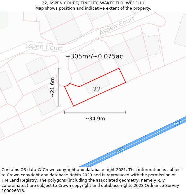 22, ASPEN COURT, TINGLEY, WAKEFIELD, WF3 1HH: Plot and title map