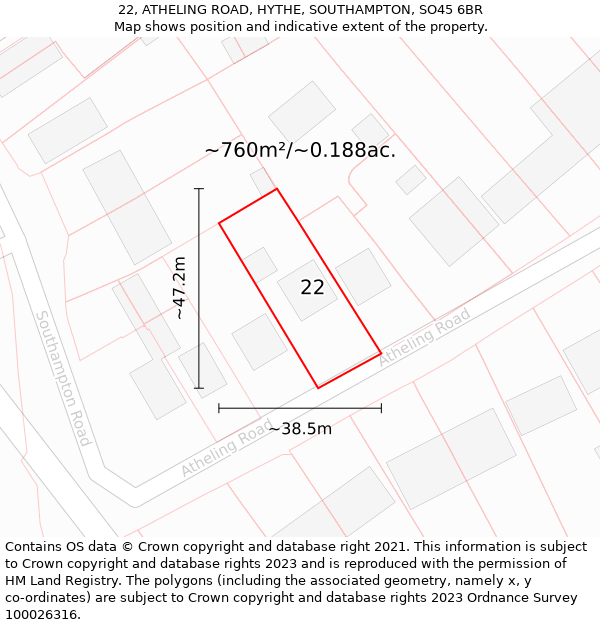 22, ATHELING ROAD, HYTHE, SOUTHAMPTON, SO45 6BR: Plot and title map