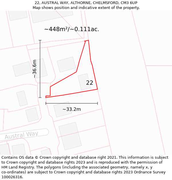 22, AUSTRAL WAY, ALTHORNE, CHELMSFORD, CM3 6UP: Plot and title map