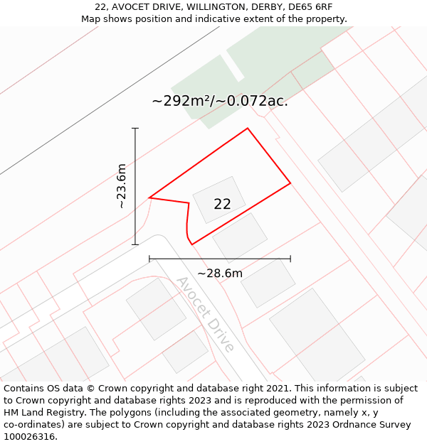 22, AVOCET DRIVE, WILLINGTON, DERBY, DE65 6RF: Plot and title map