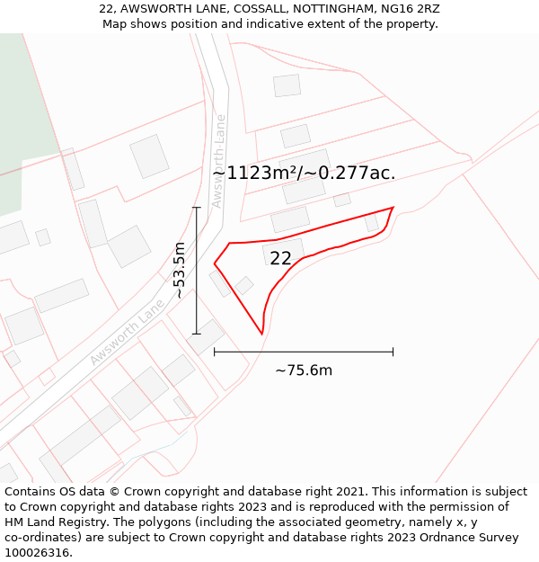 22, AWSWORTH LANE, COSSALL, NOTTINGHAM, NG16 2RZ: Plot and title map