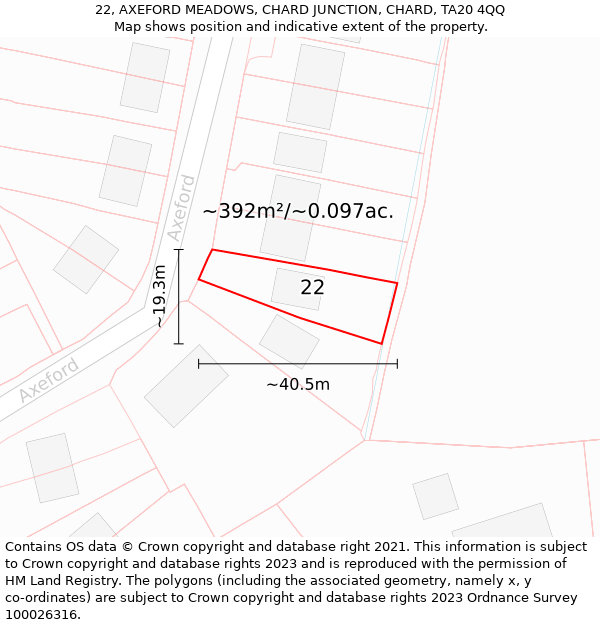 22, AXEFORD MEADOWS, CHARD JUNCTION, CHARD, TA20 4QQ: Plot and title map