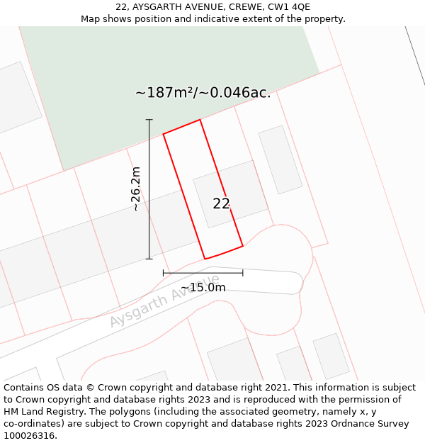 22, AYSGARTH AVENUE, CREWE, CW1 4QE: Plot and title map