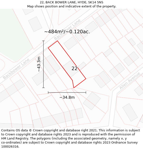 22, BACK BOWER LANE, HYDE, SK14 5NS: Plot and title map