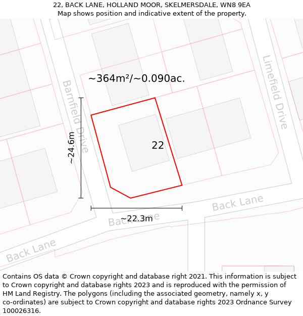 22, BACK LANE, HOLLAND MOOR, SKELMERSDALE, WN8 9EA: Plot and title map