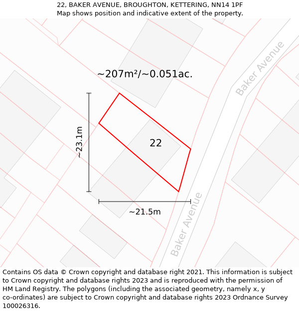 22, BAKER AVENUE, BROUGHTON, KETTERING, NN14 1PF: Plot and title map