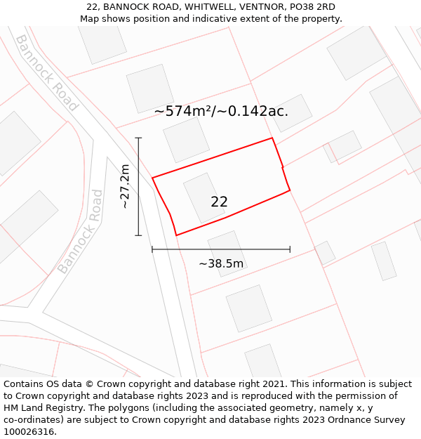 22, BANNOCK ROAD, WHITWELL, VENTNOR, PO38 2RD: Plot and title map