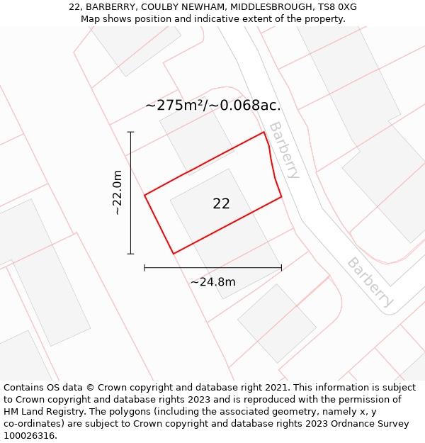 22, BARBERRY, COULBY NEWHAM, MIDDLESBROUGH, TS8 0XG: Plot and title map