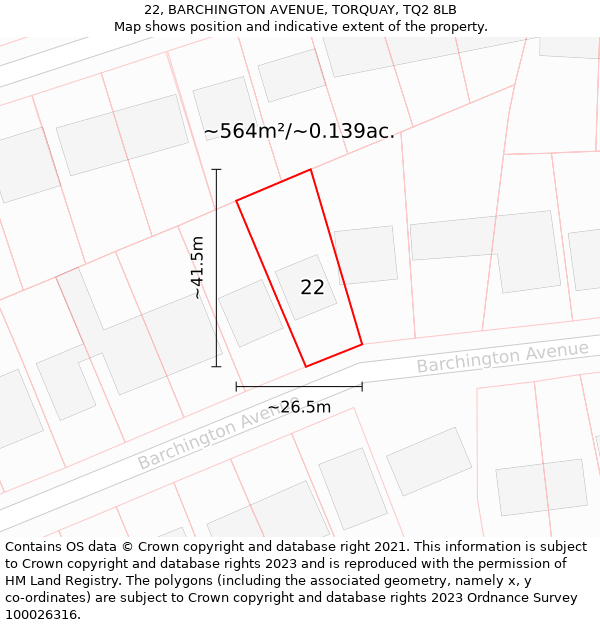 22, BARCHINGTON AVENUE, TORQUAY, TQ2 8LB: Plot and title map