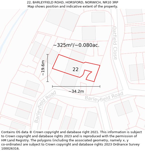 22, BARLEYFIELD ROAD, HORSFORD, NORWICH, NR10 3RP: Plot and title map