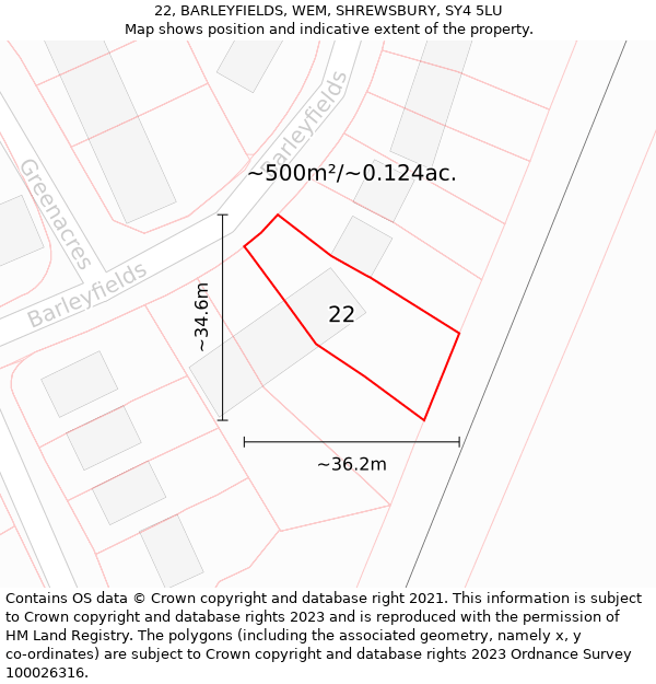 22, BARLEYFIELDS, WEM, SHREWSBURY, SY4 5LU: Plot and title map