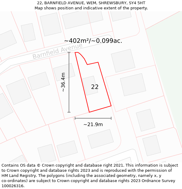 22, BARNFIELD AVENUE, WEM, SHREWSBURY, SY4 5HT: Plot and title map