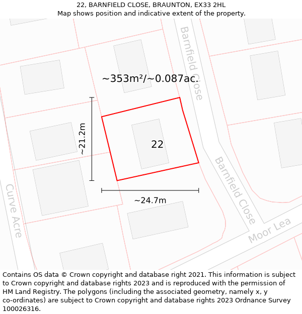 22, BARNFIELD CLOSE, BRAUNTON, EX33 2HL: Plot and title map