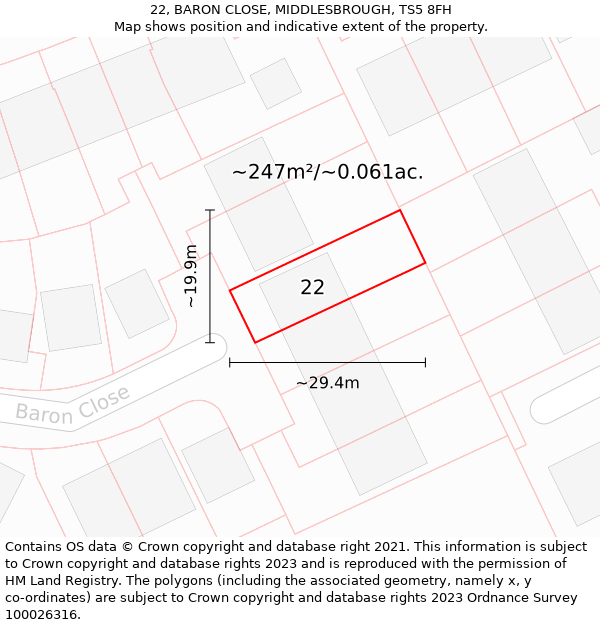 22, BARON CLOSE, MIDDLESBROUGH, TS5 8FH: Plot and title map