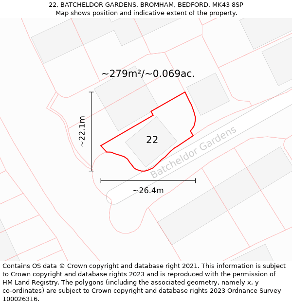 22, BATCHELDOR GARDENS, BROMHAM, BEDFORD, MK43 8SP: Plot and title map