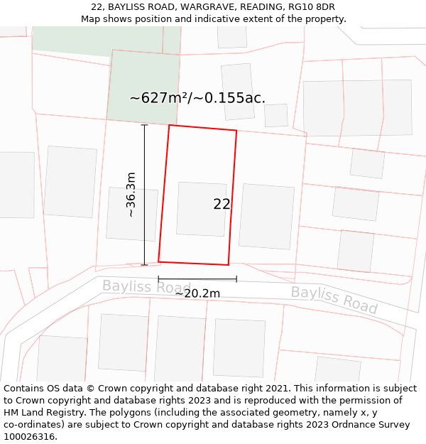 22, BAYLISS ROAD, WARGRAVE, READING, RG10 8DR: Plot and title map