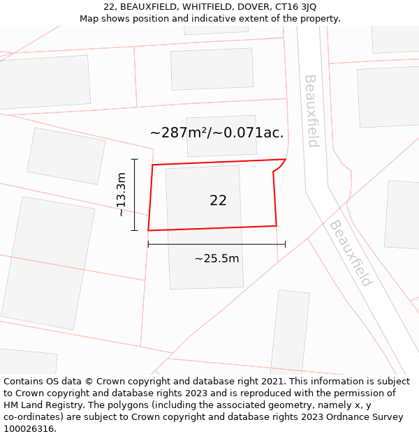 22, BEAUXFIELD, WHITFIELD, DOVER, CT16 3JQ: Plot and title map