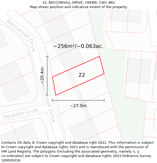 22, BECCONSALL DRIVE, CREWE, CW1 4RU: Plot and title map