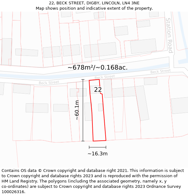 22, BECK STREET, DIGBY, LINCOLN, LN4 3NE: Plot and title map