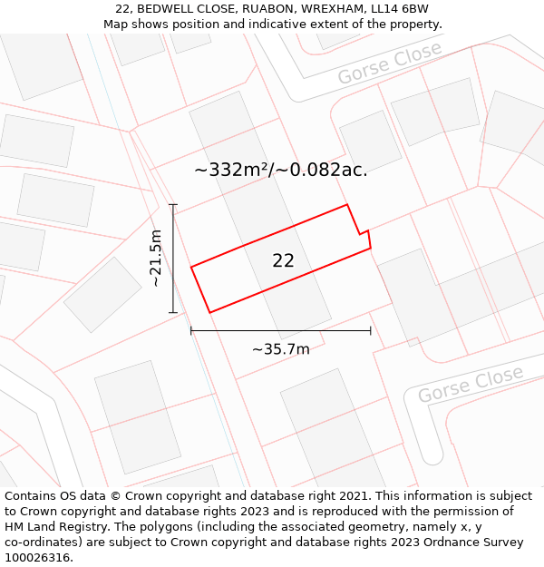 22, BEDWELL CLOSE, RUABON, WREXHAM, LL14 6BW: Plot and title map