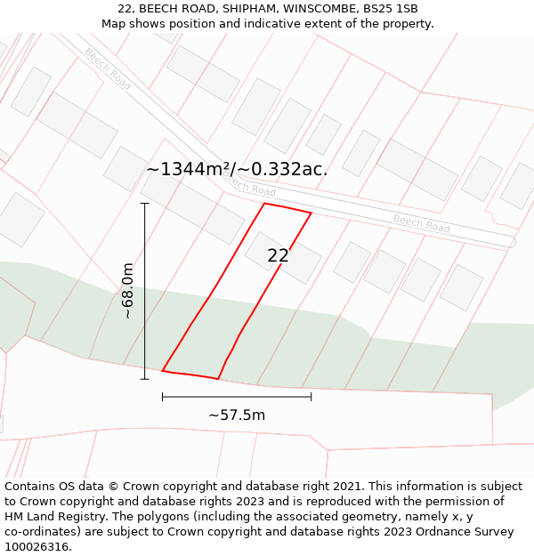 22, BEECH ROAD, SHIPHAM, WINSCOMBE, BS25 1SB: Plot and title map