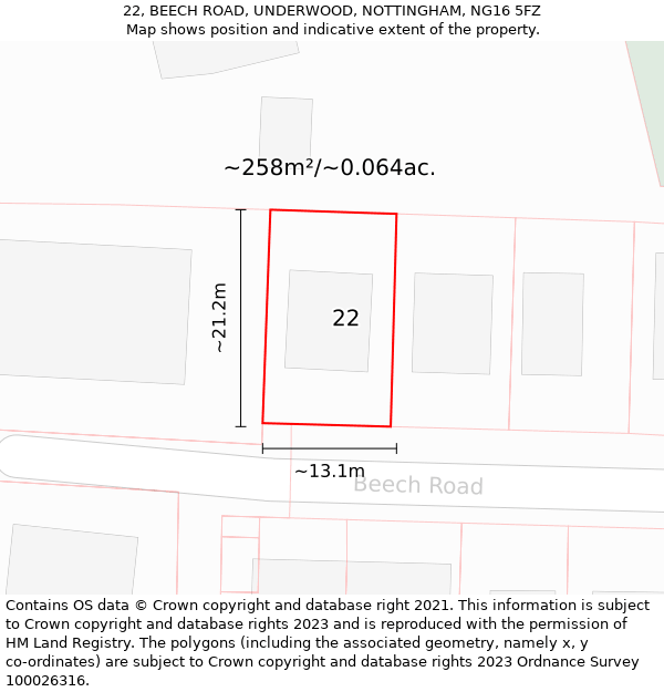 22, BEECH ROAD, UNDERWOOD, NOTTINGHAM, NG16 5FZ: Plot and title map