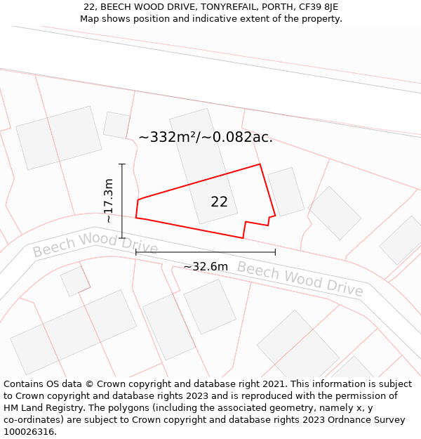 22, BEECH WOOD DRIVE, TONYREFAIL, PORTH, CF39 8JE: Plot and title map