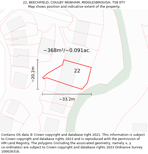 22, BEECHFIELD, COULBY NEWHAM, MIDDLESBROUGH, TS8 0TY: Plot and title map