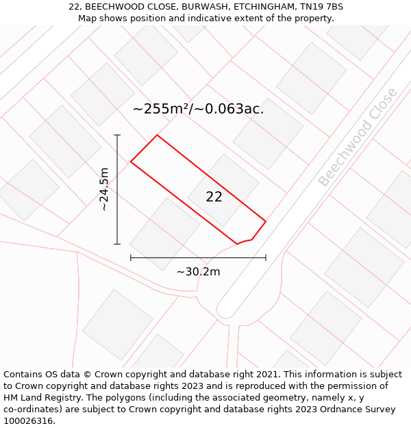22, BEECHWOOD CLOSE, BURWASH, ETCHINGHAM, TN19 7BS: Plot and title map