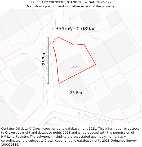 22, BELFRY CRESCENT, STANDISH, WIGAN, WN6 0XY: Plot and title map